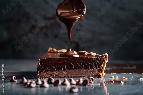 decadent chocolate cake slice with dripping sauce