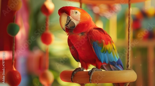 cheerful parrot perched on a colorful toy, chirping happily in its vibrant environment.