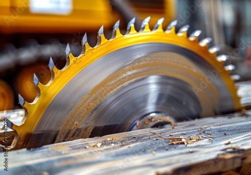 Close-up of a spinning circular saw blade cutting through wood