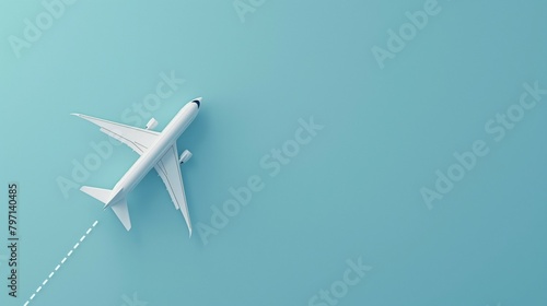 White airplane with its journey path on a clear blue background, symbolizing air travel and adventure.