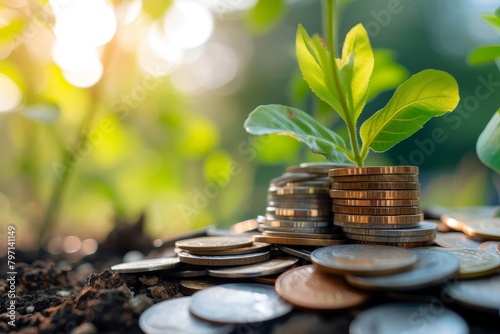 Investment Growth Concept with Coins and Plant Sprouting