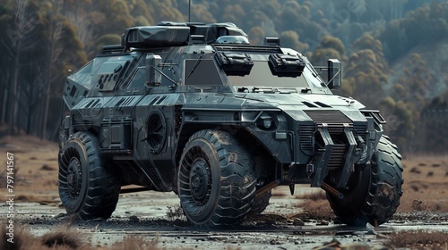 Futuristic armored military vehicle in a rugged terrain