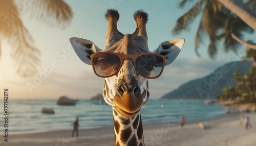 giraffe with sunglasses on the beach generative ai