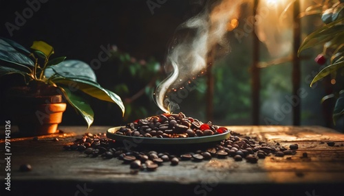 coffee beans on a wooden table steam rising from the top with beans on the ground generative ai