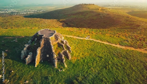 aerial view of ancient megalithic monument in grassland rujum al hiri golan heights israel