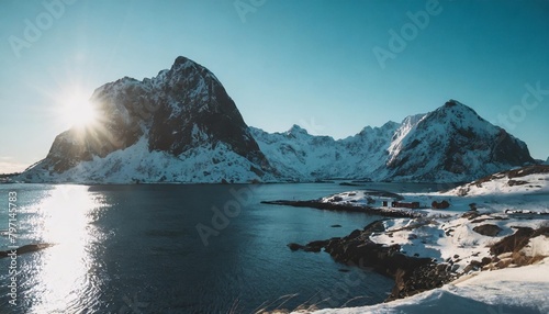 view of the fjords landscape in wintertime on lofoten islands scandinavia norway