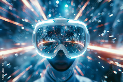 A figure is enveloped in a visor of vivid lights, depicting the high-speed journey through a digital hyperspace, as virtual reality offers an immersive trip into the depths of cyberspace