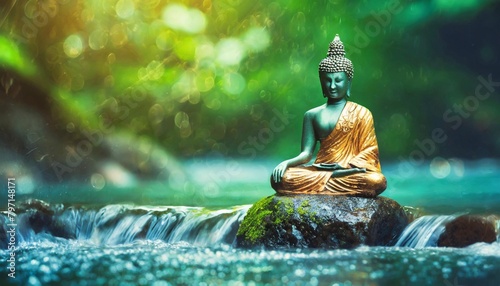 meditating buddha statue on a rock in wavy flowing water isolated on blurred green background spa backdrop with asian spirit and copy space