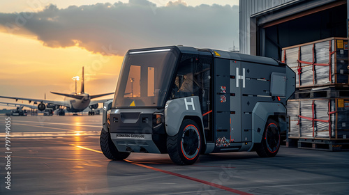 Autonomous Electric Cargo Vehicle at Sunset, Air Freight Efficiency
