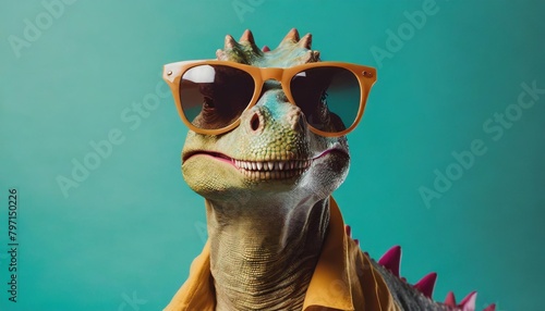 old school cool with dinosaur wearing sunglasses in studio on vibrant background
