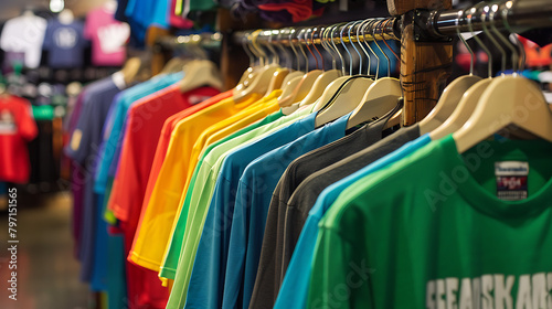 A vibrant image showcasing a rack filled with an array of colorful t-shirts, each one a unique expression of style and personality