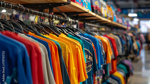 A vibrant image showcasing a rack filled with an array of colorful t-shirts, each one a unique expression of style and personality