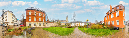 scenic panoramic view oto the building of the archbishop in Paderborn in rainy weather