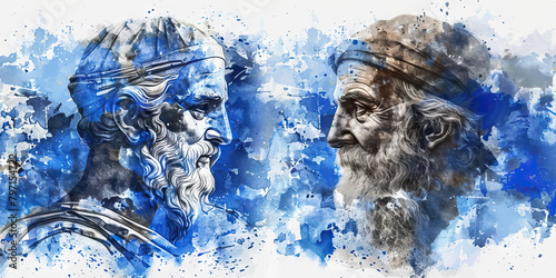 The Greek Flag with an Ancient Greek Philosopher and a Fisherman - Visualize the Greek flag with an ancient Greek philosopher representing Greece's philosophical heritage and a fisherman symbolizing t