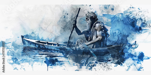 The Greek Flag with an Ancient Greek Philosopher and a Fisherman - Visualize the Greek flag with an ancient Greek philosopher representing Greece's philosophical heritage and a fisherman symbolizing t