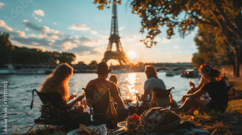 Tourists having a picnic in Paris Eiffel Tower Seine River while on vacation for the Olympics 