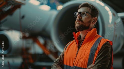 Convey the professionalism and commitment to safety in the aviation industry with a prompt featuring an engineer in a safety vest standing confidently next to an airplane