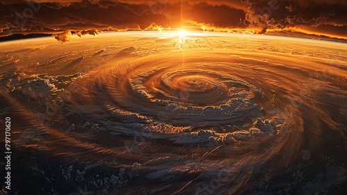 Vast vortex of a storm seen from space with a fiery sunrise horizon