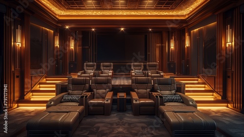 Cozy home theater with dim lighting and comfortable leather chairs