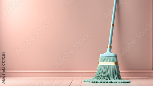A green mop is leaning against a wall