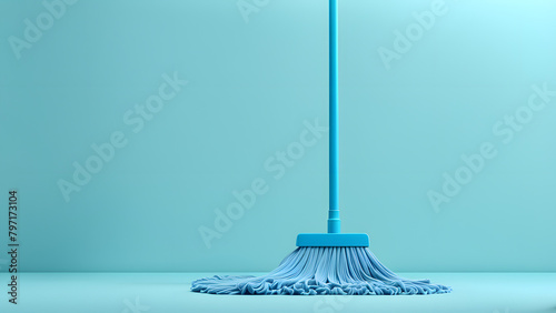 A blue mop with a blue handle is standing on a wet floor