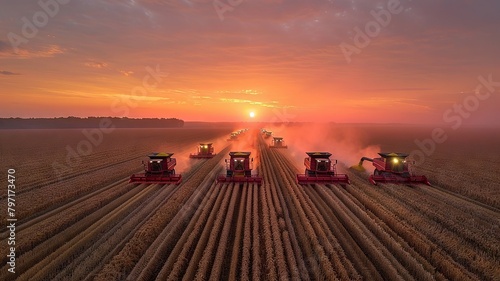 Sunset over serene field with line of harvest machines in synchronous work