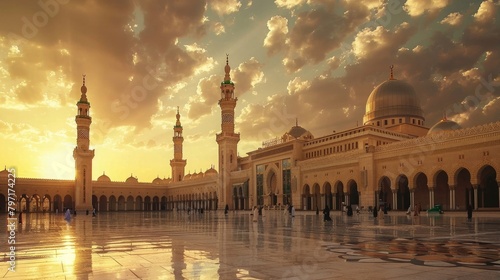 Craft an image of the architectural marvel that is the Prophet's Mosque in Medina