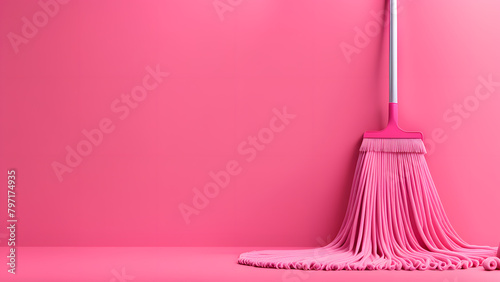 A pink mop is leaning against a pink wall