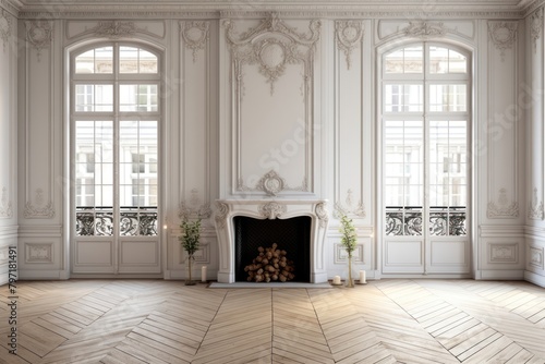 Parisian interior fireplace window floor.