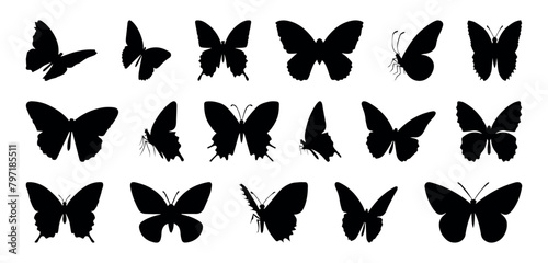 Flying butterflies silhouette black set isolated on transparent background. Set of butterflies, ink silhouettes. Glowworms, fireflies and butterflies icons isolated on white background. Hand drawn 