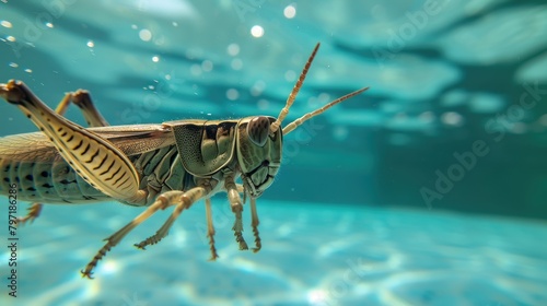 Hilarious underwater scene grasshopper in pool plays deep dive action, Ai Generated.
