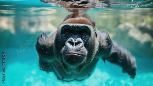Hilarious underwater scene gorilla in pool plays deep dive action, Ai Generated.