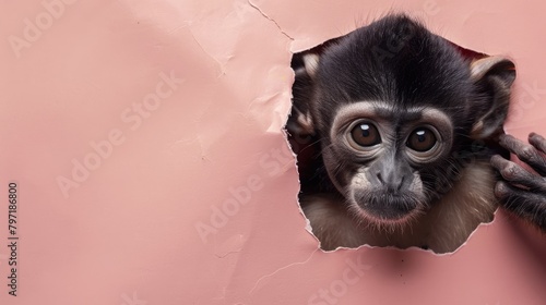 A humorous gibbon peers through a ripped hole in a contrast pastel color paper background, Ai Generated
