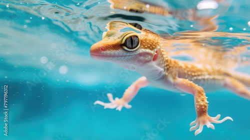 Hilarious underwater scene gecko in pool plays deep dive action, Ai Generated.