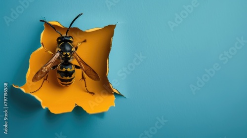 Amusing wasp peers through ripped hole against vibrant paper backdrop. Ai Generated.
