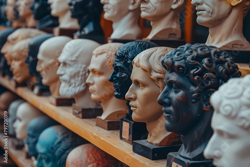 A collection of statues of various faces, including some of ancient Greek and Roman figures. The collection is displayed on shelves, with some of the statues being taller than others
