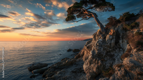 Tree clinging to the rocky cliff, Vibrant sunset in the background