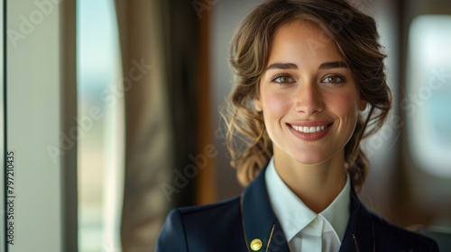 A photo of a smiling young woman in a white shirt and blue suit jacket with epaulettes.