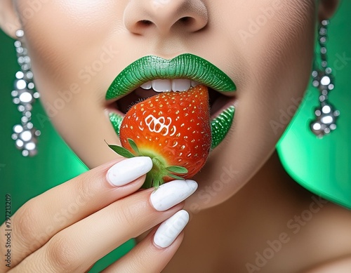frau mit grüne Lippen isst eine reife Erdbeere.