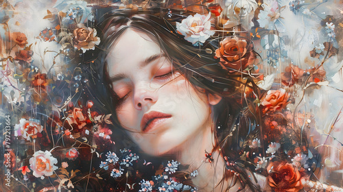 Portrait of a Woman with Flowers in the Style of Realistic Hyper-Detailed Art