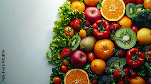 Assorted fresh ripe fruits and vegetables, Food concept background, Top view, Copy space