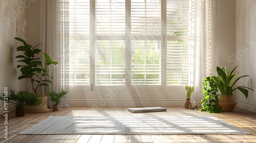 White interior window shutters with planters on the floor in front of them, a yoga mat on the wooden flooring, and sunlight shining through the windows. The room is well lit by natural light.