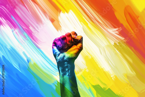Fist raised in fight on a rainbow background, a poignant depiction of the ongoing struggle for lgbt rights and acceptance