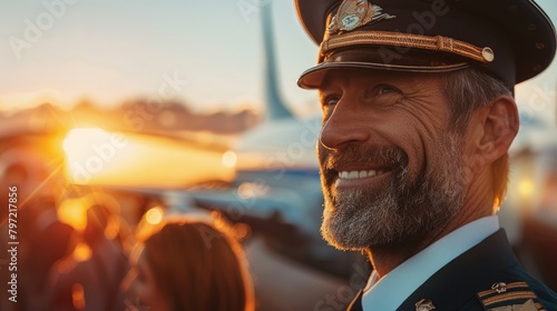 Happy airline pilot in uniform with epaulettes and cap smiling