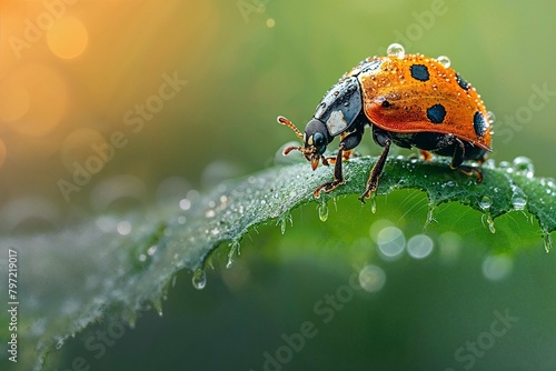 Macro photo of a ladybug on a green grass with dew, morning dew, lady bug, ladybug on top of a wet leaf, extreme close up of a ladybug