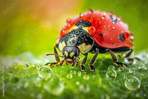 Macro photo of a ladybug on a green grass with dew, morning dew, lady bug, ladybug on top of a wet leaf, extreme close up of a ladybug