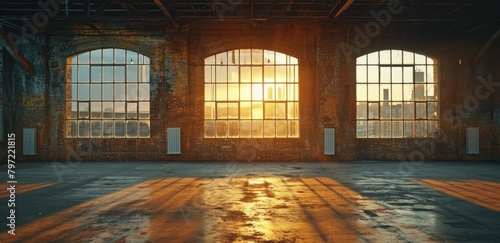 Sunset light streaming through large arched windows in an empty industrial loft with brick walls and a glossy floor.