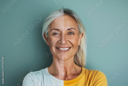 Generational effects on biological age repair and age dynamics underscore the comparison of aging processes in skin smoothing and facial symmetry visuals.