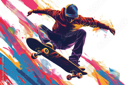 Poster of epic skateboard freestyle in minimalist abstract multicolour illustration.