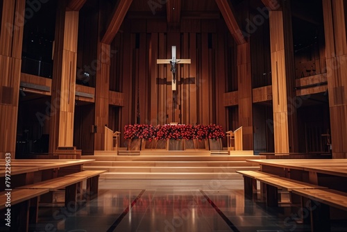 Interior of a modern church with wooden pews and red flowers adorning the altar under crucifix